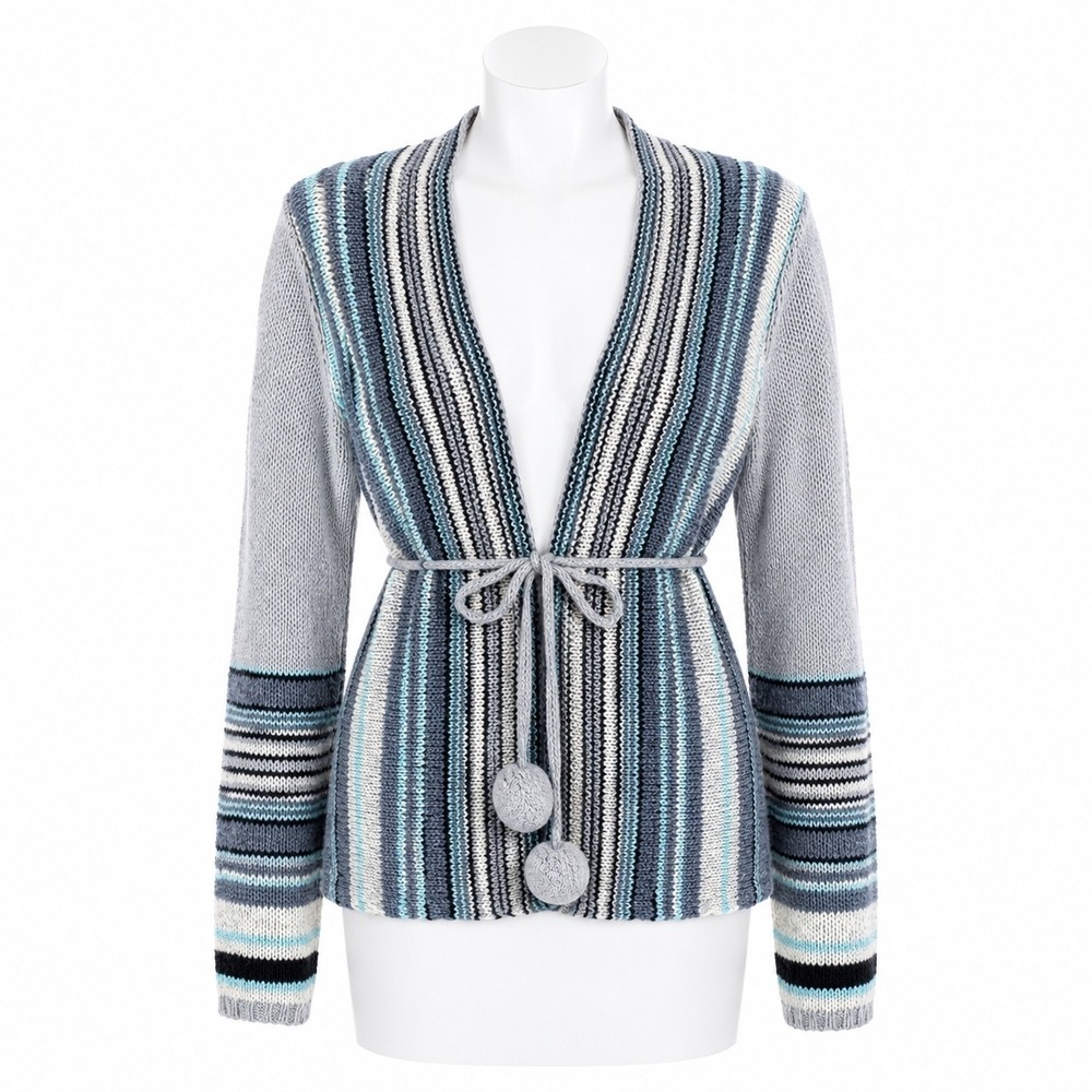 Old Navy Y2K‎ Womens S Striped Lambswool Cardigan Sweater Tie Pom Pom 2000s